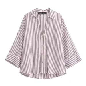 Striped Wide-Sleeve Cotton Shirt - Brown