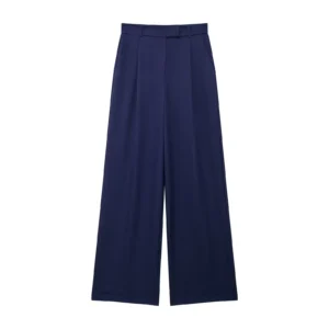 Pleated Wide Leg Trousers - Navy Blue