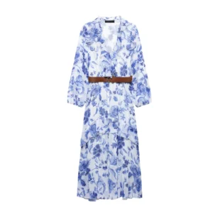 Floral Print Belted Dress - Blue