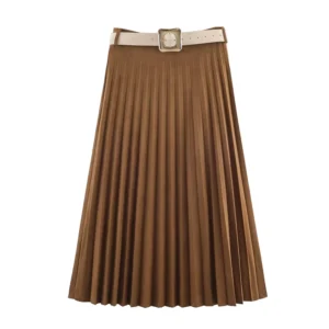 Belted Suede Pleated Skirt - Brown
