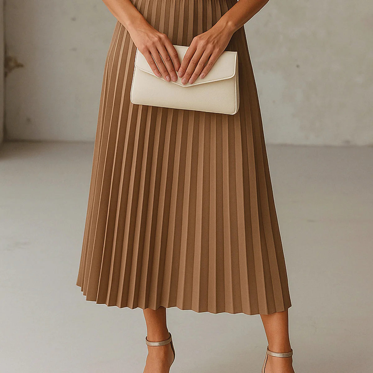 Belted Suede Pleated Skirt - Brown - Image 2