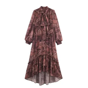 Printed Bow Dress Lantern Sleeves